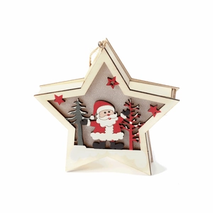 Nordic wooden star ornament with Santa and Christmas trees for holiday tree decoration