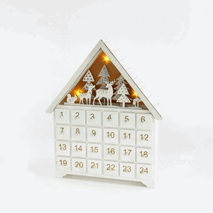 White wooden house advent calendar with 24 drawers and LED forest scene decoration