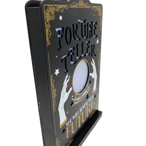 Detail of Fortune Teller LED wooden sign with gold crystal ball and star engraving