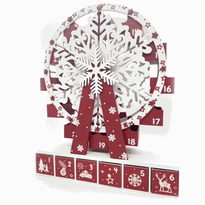 Detailed close-up of a wooden Ferris wheel advent calendar with 24 small drawers