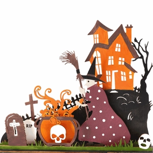 Halloween wooden ghost house decor with witch, skull cauldron and vibrant colors