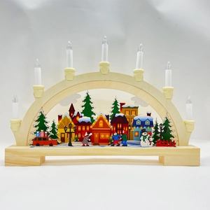 Wooden Christmas Schwibbogen with LED candles and hand-painted winter village scene
