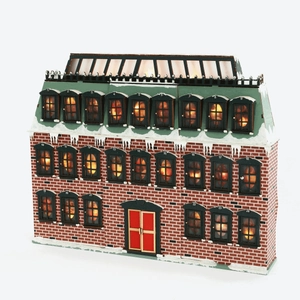 Lighted wooden Christmas house advent calendar with 24 countdown windows and snow decor