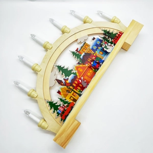 Traditional wooden Christmas candle bridge with carved winter village and LED lights