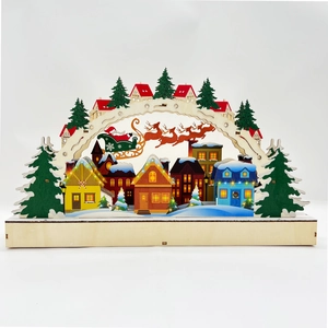 Décoration de Noël en bois avec pont LED, scène de village découpée au laser et père Noël