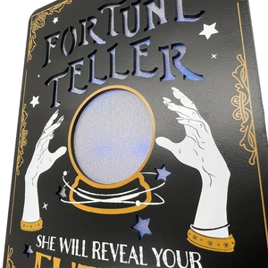 Detail of Fortune Teller wooden LED sign with blue glitter layer and hollow cutout design