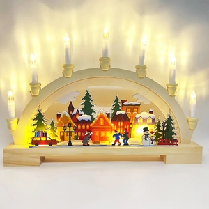 Wooden Christmas LED bridge light with 7 candles and colorful winter village scene