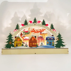 Détail de l'arche de Noël en bois LED avec scène de Père Noël et lumière chaleureuse