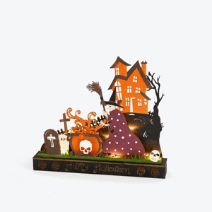 LED wooden Halloween ghost house and witch silhouette ornament with warm lighting