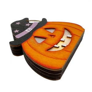 Halloween layered wooden Jack-o'-lantern ornament with wizard hat and LED lighting detail