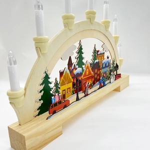 Traditional wooden Christmas LED arch light with festive snow town and candle bulbs