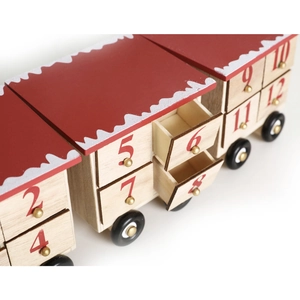 Wooden Christmas train advent calendar with numbered drawers and festive red roof trim