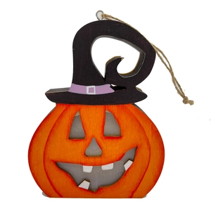 Halloween wooden pumpkin ornament with a black witch hat and hanging rope decoration