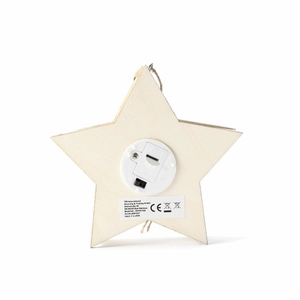 Detail of wooden star hanging decor showing battery compartment and LED switch