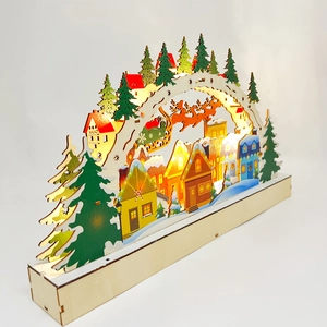 Détail du pont de Noël en bois à LED montrant un village enneigé avec le Père Noël