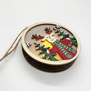 Detail of wooden Christmas ornament with LED warm light and reindeer cutout design