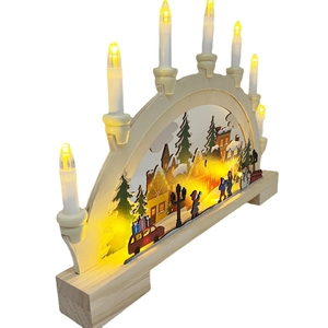Christmas LED arch bridge light with 7 candles and a snowy village scene on wood base
