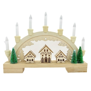 Wooden Christmas LED Bridge Light Schwibbogen With 7 Candles Village Scene Festive Tabletop Ornament Holiday Home Decor Gift