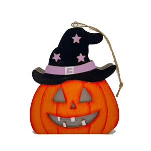 Halloween wooden pumpkin wizard pendant with LED light and black hat for party decoration