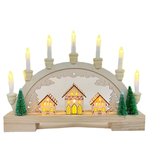 Wooden Christmas bridge lamp with LED candles and miniature village scene decoration
