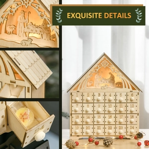 Wooden Christmas Advent Calendar with LED Lights and Nativity Scene Decor