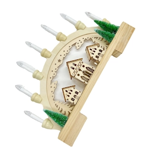 Wooden Christmas LED bridge light with 7 candles and miniature village scene