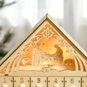 Wooden Advent calendar with LED light nativity scene and numbered storage drawers