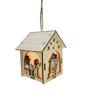 Maison de Noël en bois illuminée avec LED blanc chaud et toit décoré de neige