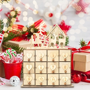 Handcrafted wooden Christmas advent calendar with 12 drawers and reindeer carving