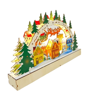 Pont de Noël en bois avec éclairage LED, décor de village et Père Noël dans le ciel