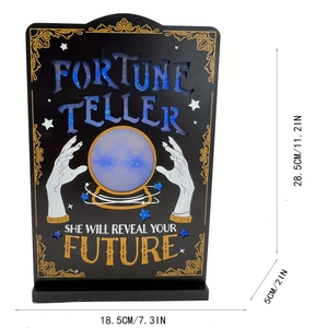Halloween fortune teller LED wooden sign with glowing crystal ball and size dimensions
