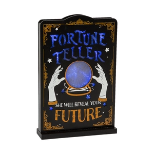 Halloween fortune teller wooden LED sign with blue glitter finish and mystic crystal ball