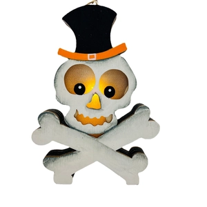 Halloween Holzschädel Hängeleuchte mit Zylinder und warmem gelbem LED-Leuchten innen