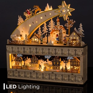Wooden Christmas advent calendar with 24 drawers and LED lighted winter village scene