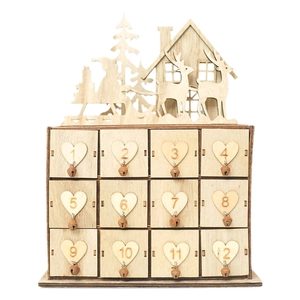 Macro detail of 12-drawer wooden Advent calendar with heart patterns and deer silhouettes
