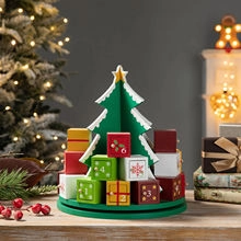 Detail of wooden Christmas tree advent calendar with numbered small gift boxes