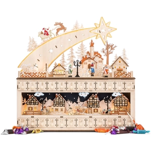Detailed view of laser-cut wooden advent calendar with 24 drawers and LED lights