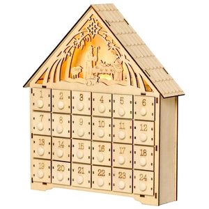 Detail of wooden advent calendar with LED nativity scene and 24 countdown drawers