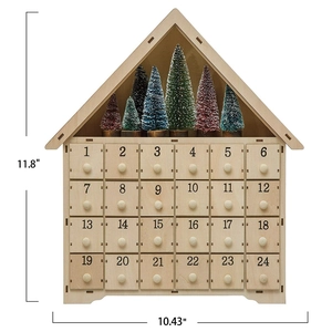 Houten adventskalender in de vorm van een huis met 24 lades en kerstbosscène decoratie