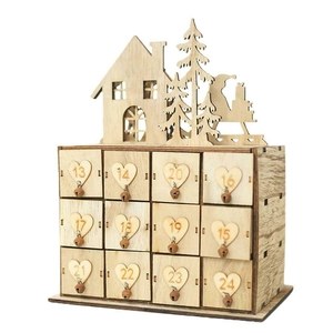 Wooden Christmas Advent Calendar house with 12 drawers and laser-cut festive village scene