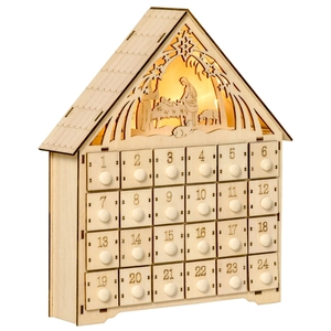 Detail of wooden LED Advent calendar with Nativity scene and 24 numbered drawers