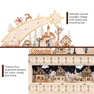 Wooden Christmas advent calendar with LED lights and 24 drawers featuring a carved village scene