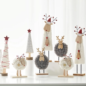 Miniature wool felt Christmas reindeer and tree ornaments with wooden bases