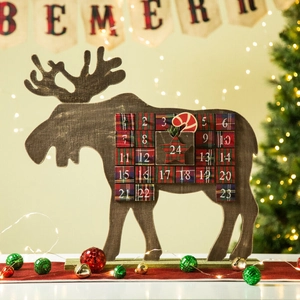 Reindeer wooden Christmas advent calendar with red and green plaid numbered pockets
