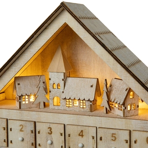 Wooden Christmas advent calendar with lighted miniature house scene and small drawers