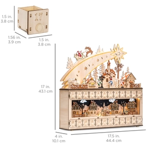 Wooden Christmas Advent Calendar with LED lights, 24 drawers, and reindeer scene