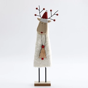 Miniature handmade wool felt reindeer tabletop decoration with wooden star and red hat