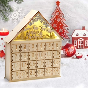 Wooden Christmas Advent Calendar House With 24 Drawers Warm LED Light Reindeer Snow Scene Festive Desktop Decor Ornament