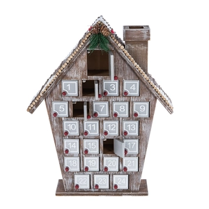 Lighted wooden house advent calendar with 24 numbered drawers and pine cone decor
