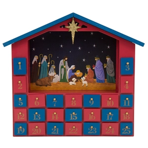 Wooden Nativity Advent Calendar with LED lights and 25 drawers for Christmas countdown